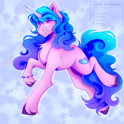 Size: 3500x3500 | Tagged: safe, artist:_candypone_, izzy moonbow, pony, unicorn, g5, eye clipping through hair, high res, looking at you, raised hoof, running, smiling, solo, sparkles