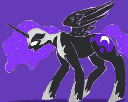 Size: 1024x820 | Tagged: safe, artist:captainloafnugget, nightmare moon, alicorn, pony, g4, ethereal mane, ethereal tail, screaming, simple background, solo, spread wings, tail, wings, wrong color