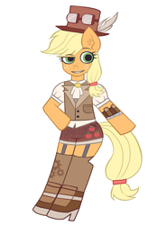 Size: 769x1040 | Tagged: safe, artist:noah-nyan, applejack, earth pony, pony, semi-anthro, g4, arm hooves, female, hat, looking offscreen, mare, simple background, solo, steampunk, transparent background