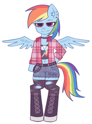 Size: 771x1036 | Tagged: safe, artist:noah-nyan, rainbow dash, pegasus, pony, semi-anthro, g4, arm hooves, belly button, boots, clothes, collar, female, mare, midriff, punk, shirt, shoes, shorts, simple background, solo, torn clothes, transparent background