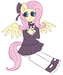 Size: 1024x1200 | Tagged: safe, artist:noah-nyan, fluttershy, pegasus, pony, g4, female, goth, gothic, lolita fashion, looking offscreen, mare, sitting, solo, spread wings, wings