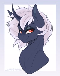 Size: 1638x2048 | Tagged: safe, artist:_candypone_, oc, oc only, pony, unicorn, bust, curved horn, horn, lidded eyes, looking at you, smiling, solo