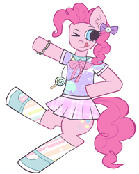 Size: 1024x1278 | Tagged: safe, artist:noah-nyan, pinkie pie, earth pony, pony, g4, candy, dancing, female, food, lollipop, looking offscrean, mare, pastel, simple background, solo, standing, standing on one leg, tongue out, transparent background