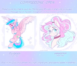 Size: 2048x1736 | Tagged: safe, artist:_candypone_, oc, oc only, pegasus, pony, advertisement, choker, commission info, freckles, heart, smiling, spread wings, unshorn fetlocks, wings