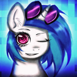 Size: 1024x1024 | Tagged: safe, artist:noah-nyan, dj pon-3, vinyl scratch, pony, unicorn, g4, female, goggles, goggles on head, looking at you, mare, one eye closed, simple background, solo, wink