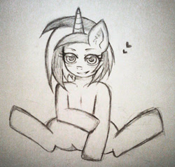 Size: 531x505 | Tagged: safe, artist:noah-nyan, dj pon-3, vinyl scratch, pony, unicorn, g4, female, looking at you, mare, sitting, sketch, solo, spread legs, spreading