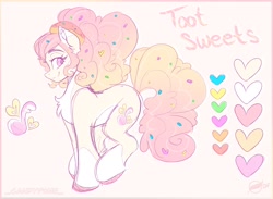 Size: 2098x1536 | Tagged: safe, artist:_candypone_, oc, oc only, oc:toot sweets, earth pony, pony, chest fluff, reference sheet, solo