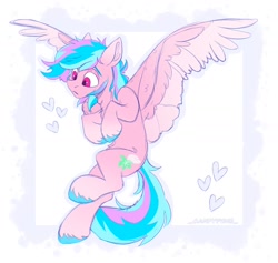 Size: 1620x1536 | Tagged: safe, artist:_candypone_, oc, oc only, oc:lillith, oc:lynden, pegasus, pony, beard, colored wings, colored wingtips, facial hair, flying, heart, male, rule 63, solo, spread wings, stallion, two toned wings, unshorn fetlocks, wings