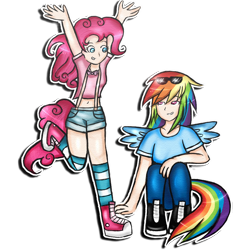 Size: 1000x1032 | Tagged: safe, artist:noah-nyan, pinkie pie, rainbow dash, human, g4, duo, female, grin, humanized, raised arms, simple background, smiling, standing, standing on one leg, sunglasses, transparent background, wings