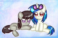 Size: 811x535 | Tagged: safe, artist:noah-nyan, dj pon-3, octavia melody, vinyl scratch, earth pony, pony, unicorn, g4, duo, female, filly, foal, goggles, goggles on head, looking at you, lying down, prone, simple background, sitting