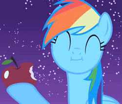 Size: 849x720 | Tagged: safe, screencap, rainbow dash, pegasus, pony, g4, owl's well that ends well, season 1, ^^, apple, cropped, cute, dashabetes, eating, eyes closed, female, food, herbivore, hnnng, hoof hold, mare, solo, stars