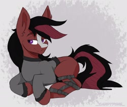 Size: 2048x1736 | Tagged: safe, artist:_candypone_, oc, oc only, pony, clothes, leg brace, lidded eyes, lying down, prone, smiling, solo, sweater