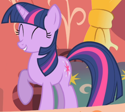 Size: 506x454 | Tagged: safe, screencap, twilight sparkle, pony, unicorn, g4, owl's well that ends well, season 1, adorkable, cropped, cute, dork, eyes closed, female, golden oaks library, mare, raised hoof, smiling, solo, twiabetes, unicorn twilight