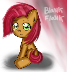 Size: 500x532 | Tagged: safe, artist:noah-nyan, babs seed, earth pony, pony, g4, blank flank, covering, female, filly, foal, freckles, looking at you, simple background, sitting, solo, tail, tail covering, text, turned head