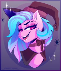 Size: 1536x1790 | Tagged: safe, artist:_candypone_, oc, oc only, black widow, pony, spider, bust, cape, choker, clothes, crescent moon, fangs, grin, hat, looking at you, moon, sketch, smiling, solo, sparkles, witch hat