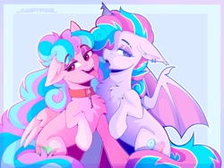 Size: 2048x1536 | Tagged: safe, artist:_candypone_, oc, oc only, oc:lillith, oc:sweetie swirl, bat pony, pegasus, pony, chest fluff, choker, duo, eyebrows, eyebrows visible through hair, floppy ears, lidded eyes, looking at you, open mouth, open smile, raised hoof, sitting, smiling, spread wings, tongue out, wings