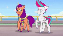 Size: 800x450 | Tagged: safe, screencap, alpine aspen, dahlia, izzy moonbow, misty brightdawn, nightracer, paisley bluebell, plum library, sunny starscout, zipp storm, alicorn, earth pony, pegasus, pony, unicorn, g5, mission imponable, my little pony: tell your tale, spoiler:g5, spoiler:my little pony: tell your tale, spoiler:tyts01e49, animated, artificial horn, artificial wings, augmented, background pony, excited, female, flying, gif, glowing, glowing horn, glowing wings, horn, jewelry, male, mane stripe sunny, mare, maretime bay, necklace, race, race swap, smiling, spinning, stallion, sunnycorn, surprised, wings