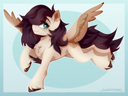 Size: 2048x1536 | Tagged: safe, artist:_candypone_, pegasus, pony, chest fluff, coat markings, dappled, eye clipping through hair, flying, freckles, lidded eyes, looking at you, solo, spread wings, unshorn fetlocks, wings