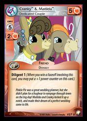 Size: 344x480 | Tagged: safe, enterplay, cranky doodle donkey, matilda, equestrian odysseys, g4, my little pony collectible card game, slice of life (episode), ccg, couple, dilated pupils, ear piercing, earring, happy, jewelry, marriage, merchandise, piercing, wedding, wig