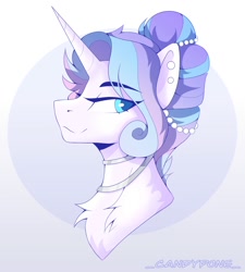 Size: 1800x2000 | Tagged: safe, artist:_candypone_, oc, oc only, pony, unicorn, bust, chest fluff, eyebrows, eyebrows visible through hair, hair over one eye, jewelry, lidded eyes, looking at you, necklace