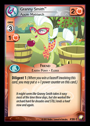 Size: 344x480 | Tagged: safe, enterplay, granny smith, equestrian odysseys, g4, my little pony collectible card game, the super speedy cider squeezy 6000, apple, bucket, ccg, food, glasses, merchandise, solo, tree