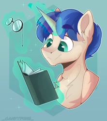 Size: 1536x1737 | Tagged: safe, artist:_candypone_, oc, oc only, pony, unicorn, book, eyebrows, eyebrows visible through hair, glasses, levitation, magic, smiling, solo, telekinesis