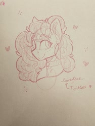 Size: 1536x2048 | Tagged: safe, artist:_candypone_, pony, blushing, bust, chest fluff, choker, eyebrows, eyebrows visible through hair, heart, sketch, smiling, solo, sparkles, traditional art