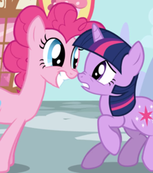 Size: 1078x1212 | Tagged: safe, screencap, pinkie pie, twilight sparkle, earth pony, pony, unicorn, g4, season 1, the ticket master, cropped, duo, duo female, eye contact, female, grin, looking at each other, looking at someone, looking at you, mare, nose to nose, nose wrinkle, raised hoof, smiling, unicorn twilight, worried