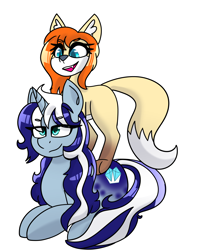 Size: 4000x5000 | Tagged: safe, artist:drdooggle, oc, oc:icestorm, alicorn, fox, pony, alicorn oc, blue coat, blue eyes, duo, happy, horn, multicolored mane, multicolored tail, red hair, sitting, smiling, tail, wings