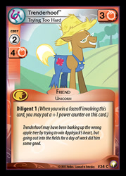 Size: 344x480 | Tagged: safe, enterplay, trenderhoof, pony, unicorn, equestrian odysseys, g4, my little pony collectible card game, my little pony: friendship is magic, simple ways, ccg, clothes, eyes closed, glasses, grin, hat, male, merchandise, overalls, smiling, solo, stallion