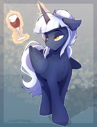 Size: 1181x1536 | Tagged: safe, artist:_candypone_, oc, oc only, alicorn, pony, chest fluff, floppy ears, frown, glass, levitation, lidded eyes, magic, solo, telekinesis, wine glass