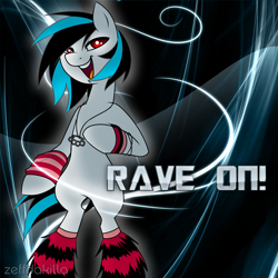 Size: 2500x2500 | Tagged: safe, artist:zeffdakilla, oc, oc only, oc:notechaser, earth pony, semi-anthro, abstract background, arm hooves, bipedal, emo, high res, looking sideways, raised hoof, rave, raver, smiling, solo