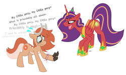 Size: 1882x1128 | Tagged: safe, artist:vanillayote, oc, oc only, oc:patch, oc:princess hotcakes, oc:radiant hotcakes, alicorn, deer, deer pony, original species, pony, alicorn oc, dialogue, duo, furry to pony, horn, jewelry, magic, male and female, ponified, regalia, simple background, singing, smug, speech bubble, transformation, white background, wings