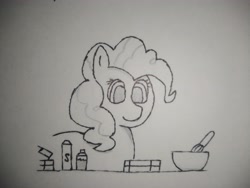 Size: 4160x3120 | Tagged: safe, artist:valuable ashes, pinkie pie, earth pony, pony, g4, baking, female, llanera pan, monochrome, smiling, solo, traditional art, whisk