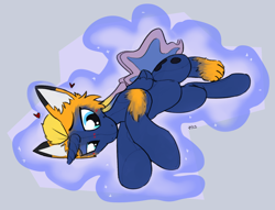 Size: 1538x1174 | Tagged: safe, artist:vanillayote, princess luna, oc, alicorn, fox, pony, g4, abstract background, blushing, floating heart, furry to pony, heart, lying down, magic, magic aura, on side, plushie, transformation