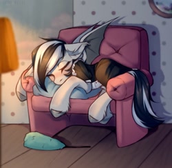 Size: 1500x1464 | Tagged: safe, artist:kaito_wivil, oc, oc only, bat pony, pony, couch, living room, sleeping, solo