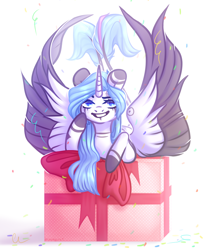 Size: 3198x3800 | Tagged: safe, artist:dreamyrat, oc, oc only, alicorn, pony, alicorn oc, blue eyes, blue mane, bow, colored wings, commission, confetti, female, high res, horn, looking at you, mare, multiple tails, open mouth, open smile, pink tail, present, ribbon, simple background, smiling, tail, two tails, two toned tail, two toned wings, white background, wings