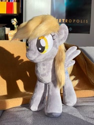 Size: 1536x2048 | Tagged: safe, artist:rtryart, derpy hooves, pegasus, pony, g4, female, irl, mare, photo, plushie, smiling, solo, spread wings, standing, wings
