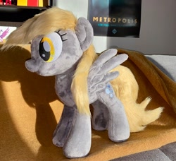 Size: 2048x1868 | Tagged: safe, artist:rtryart, derpy hooves, pegasus, pony, g4, female, irl, mare, photo, plushie, smiling, solo, spread wings, standing, wings