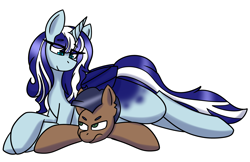 Size: 3936x2552 | Tagged: safe, artist:drdooggle, oc, oc:distant echo, oc:icestorm, alicorn, pony, alicorn oc, blue coat, blue eyes, blue mane, brown coat, duo, glare, green eyes, high res, horn, looking at each other, looking at someone, lying down, multicolored mane, multicolored tail, prone, sassy, simple background, sitting on person, sitting on pony, tail, transparent background, wings