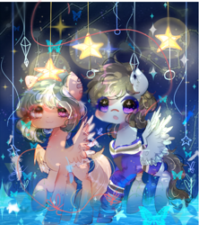 Size: 540x609 | Tagged: safe, artist:magicangelstarartist, oc, oc only, butterfly, pegasus, pony, clothes, commission, cute, duo, looking forward, spread wings, starry eyes, stars, wingding eyes, wings