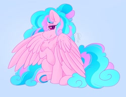 Size: 2117x1643 | Tagged: safe, artist:rand-dums, oc, oc only, pegasus, pony, chest fluff, hair over one eye, lidded eyes, looking at you, sitting, solo, spread wings, underhoof, wings