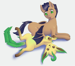 Size: 2521x2222 | Tagged: safe, artist:generalecchi, oc, oc:distant echo, bat pony, leafeon, pony, bellyrubs, duo, high res, looking at you, lying down, on back, pokémon, simple background, white background, wing hands, wings