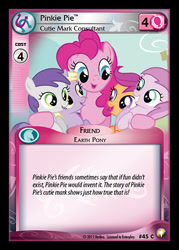 Size: 344x480 | Tagged: safe, enterplay, dinky hooves, pinkie pie, piña colada, scootaloo, tornado bolt, a friend in deed, equestrian odysseys, g4, my little pony collectible card game, ccg, group hug, hug, merchandise