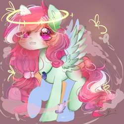 Size: 1000x999 | Tagged: safe, artist:magicangelstarartist, oc, oc only, pegasus, pony, blushing, female, halo, jewelry, looking at you, mare, necklace, simple background, solo, spread wings, starry eyes, wingding eyes, wings