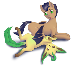 Size: 2521x2222 | Tagged: safe, alternate version, artist:generalecchi, oc, oc:distant echo, bat pony, leafeon, pony, bellyrubs, duo, high res, looking at you, lying down, on back, pokémon, simple background, transparent background, wing hands, wings