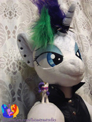 Size: 2304x3072 | Tagged: safe, artist:1stastrastudio, rarity, pony, unicorn, g4, alternate hairstyle, bipedal, clothes, commission, ear piercing, earring, female, high res, horn, irl, jewelry, mare, photo, piercing, plushie, punk, raripunk, solo, vest