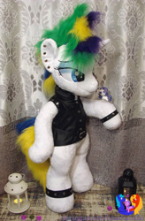 Size: 2011x3072 | Tagged: safe, artist:1stastrastudio, rarity, pony, unicorn, g4, alternate hairstyle, bipedal, clothes, commission, ear piercing, earring, female, high res, horn, irl, jewelry, mare, photo, piercing, plushie, punk, raripunk, solo, vest
