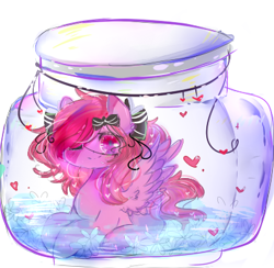 Size: 397x387 | Tagged: safe, artist:magicangelstarartist, oc, oc only, pegasus, pony, female, heart, looking at you, mare, one eye closed, pony in a bottle, simple background, solo, spread wings, wings, wink