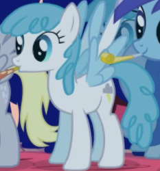 Size: 309x332 | Tagged: safe, screencap, derpy hooves, lightning bolt, minuette, white lightning, pegasus, pony, friendship is magic, g4, animation error, background character, background pony, cropped, female, mare, party horn, solo focus, spread wings, wings